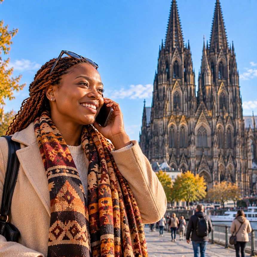 A caller in Germany smiling as they talk on the phone