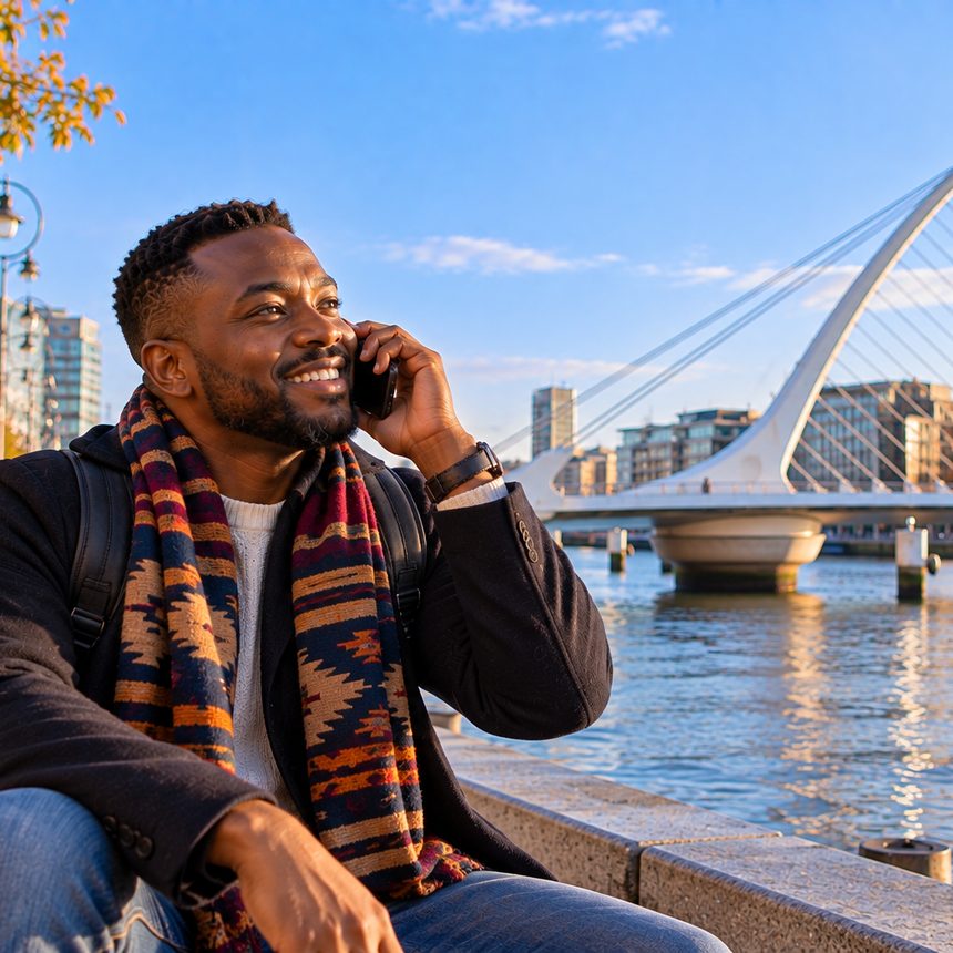 A caller in Ireland smiling as they talk on the phone